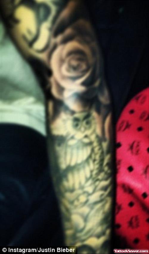 Rose Flower And Owl Sleeve Tattoo