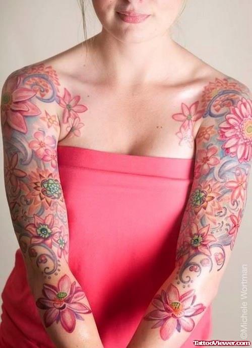 Pink Flowers Sleeve Tattoos For Girls