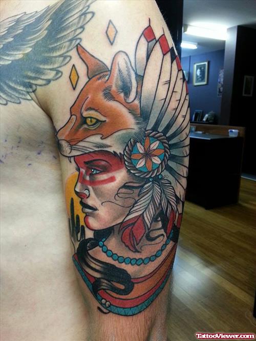Native Girl With Fox Head Sleeve Tattoo