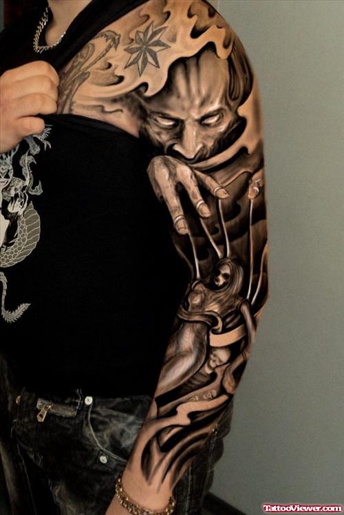 Joker Head Dark Ink Sleeve Tattoo
