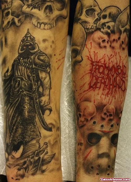 Jason Mask And Warrior Sleeve Tattoo
