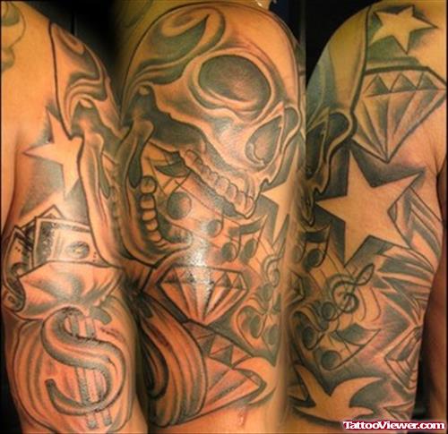 Grey Ink Skull And Diamond Tattoo On Sleeve