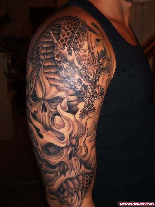 Grey Ink Flames And Dragon Sleeve Tattoo