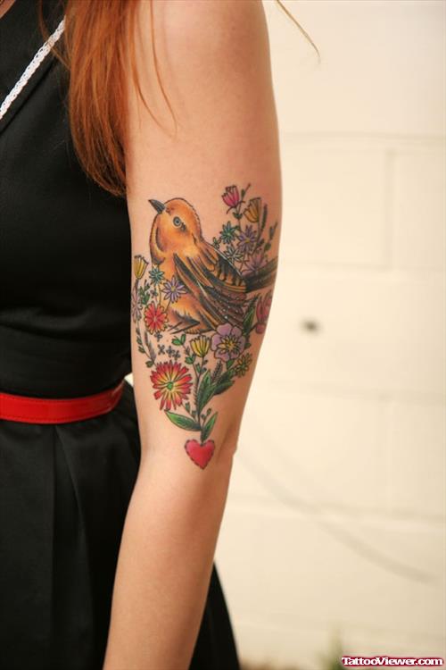 Colored flowers And Bird Sleeve Tattoo