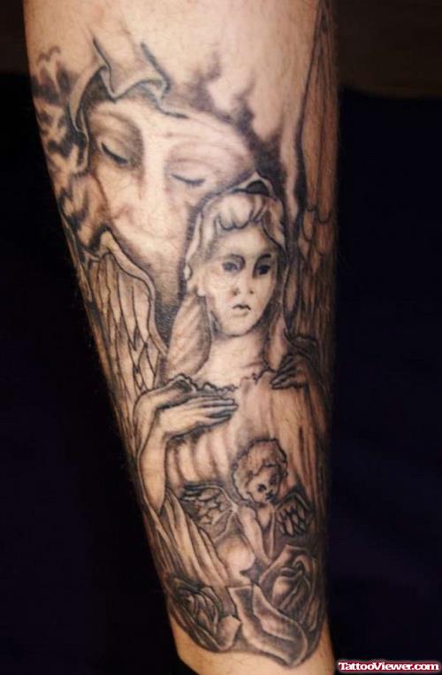 Wonderful Grey Ink angel Sleeve Tattoo