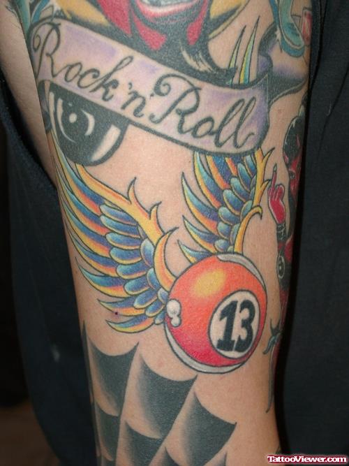 Rock N Roll Banner and Winged 13 Ball Sleeve Tattoo