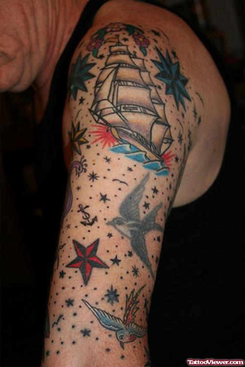Nautical Stars Ships And Flying Birds Sleeve Tattoo