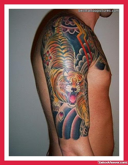 Japanese Flowers And Tiger Sleeve Tattoo