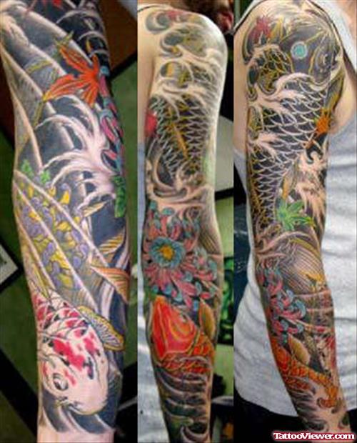 Japanese Colored Flowers And Koi Sleeve Tattoo