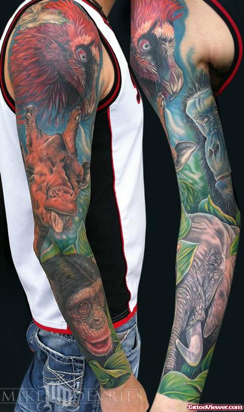 Colored Wild Animals Sleeve Tattoo