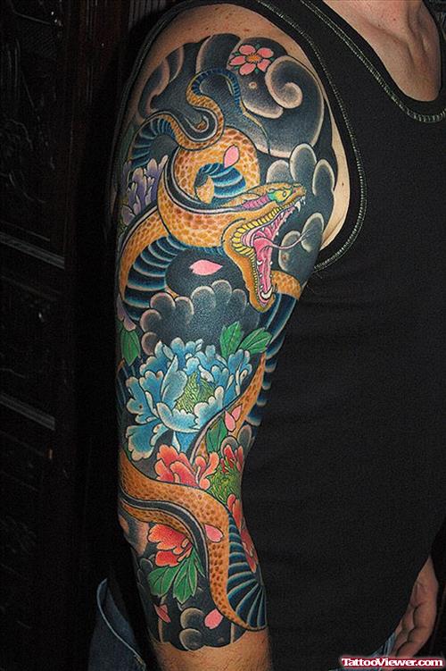 Beautiful Color Flowers And Dragon Sleeve Tattoo