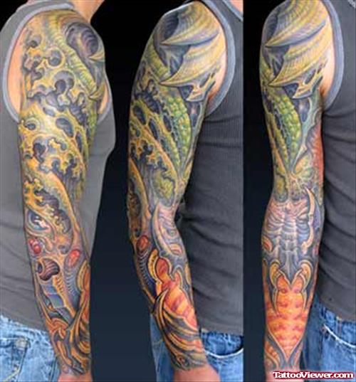 Awesome Colored Biomechanical Sleeve Tattoo