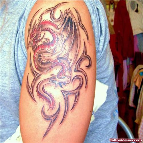 Tribal Dragon Colored Sleeve Tattoo