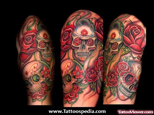 Sugar Skull And Red Roses Half Sleeve Tattoo