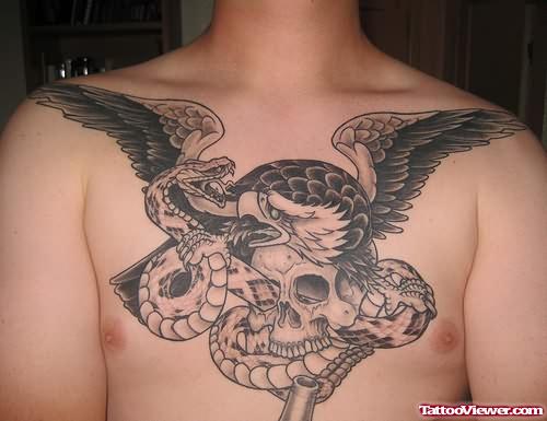 Big Eagle And Snake Tattoo On Chest