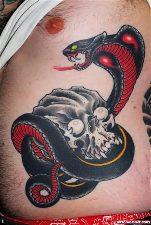 Rib Side Skull And Snake Tattoo