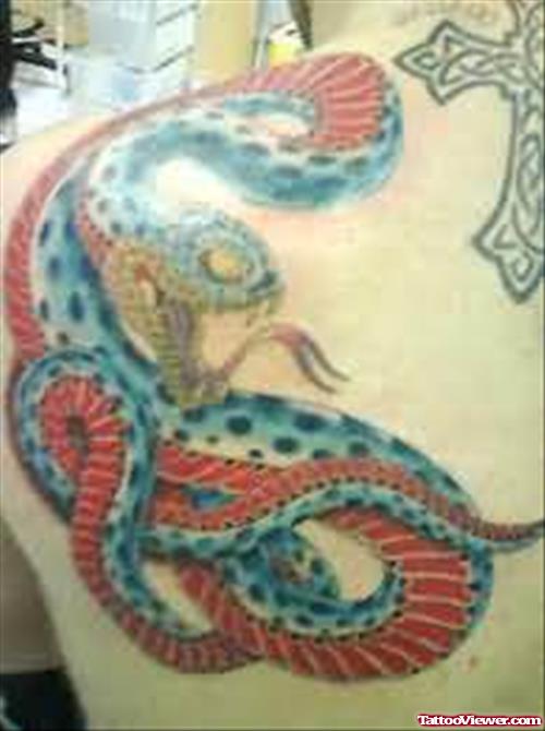 Red And Blue Ink Snake Tattoo