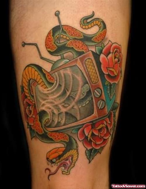 Roses And Snake Tattoo On Arm