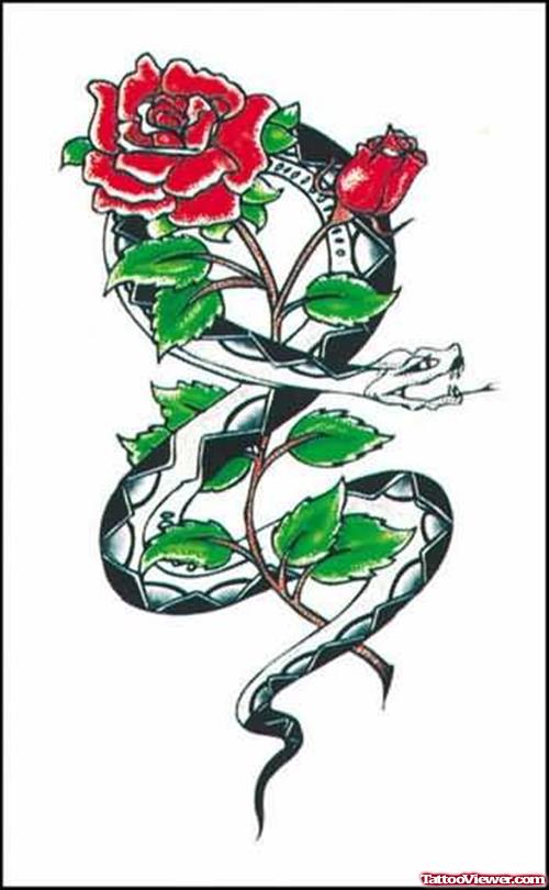 Rose And Grey Snake Tattoo Design