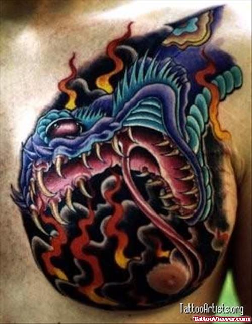 Flame And Big Head Snake Tattoo On Chest