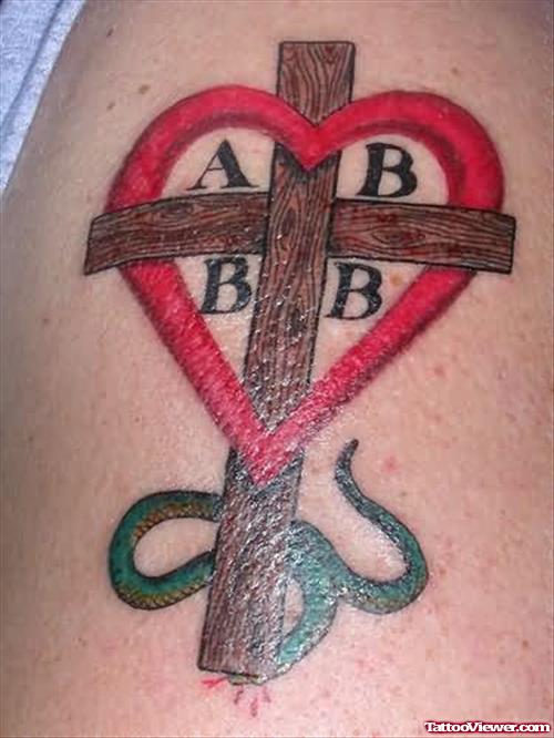 Cross And Heart Snake Tattoo