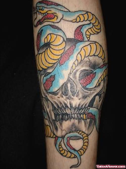Colourful Snake And Skull Tattoo
