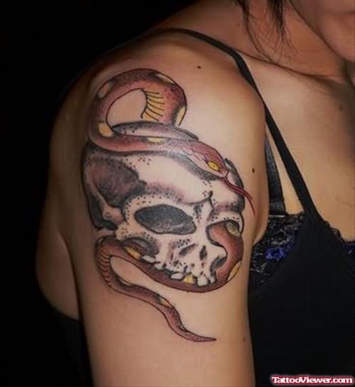 Skull And Snake Tattoo On Shoulder