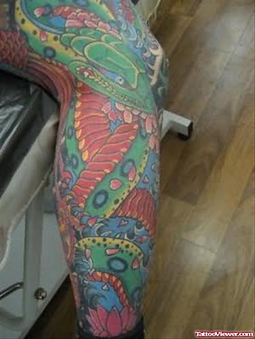 Japanese Coloured Snake Tattoo For Leg