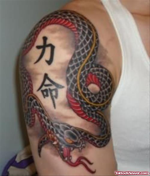 Chinese symbols And Snake Tattoo on Shoulder