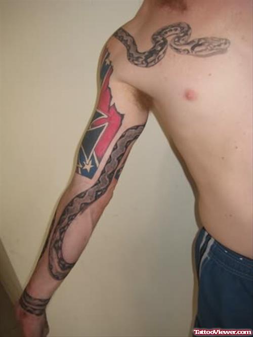 Dragon Snake Sleeve Tattoo On Shoulder And Arm