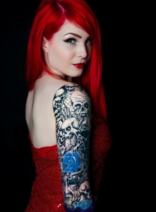 Grey Ink Skulls And Blue Rose Sleeve Tattoos