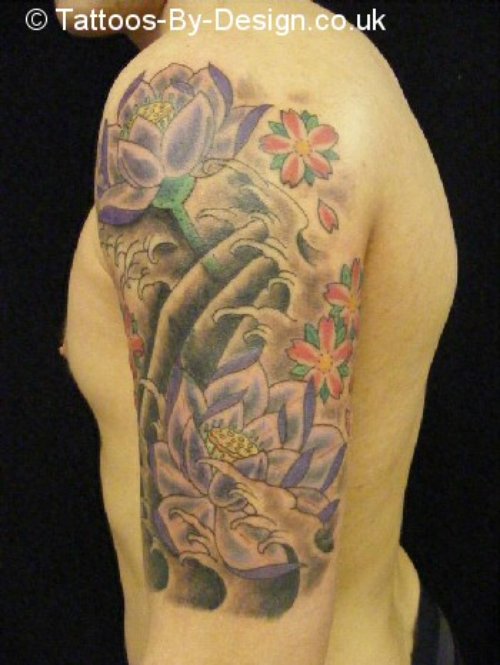 Lotus Flower And Japanese Flowers Quarter Sleeve Tattoos