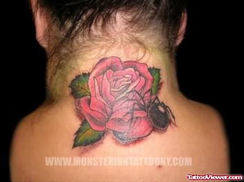 Rose And Spider Tattoo On Back Neck