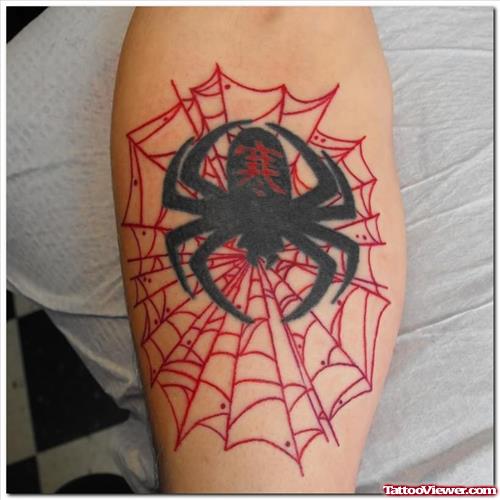 Black Spider And Red Web Tattoo On Arm