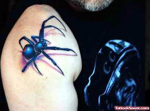 Attractive Black Spider Tattoo On Shoulder