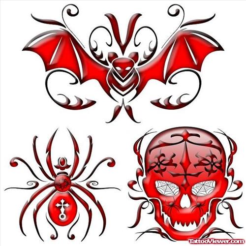Spider Skull And Bat Red Ink Tattoo