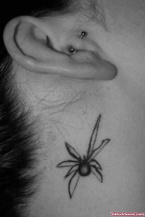 Black Spider Tattoo Behind The Ear