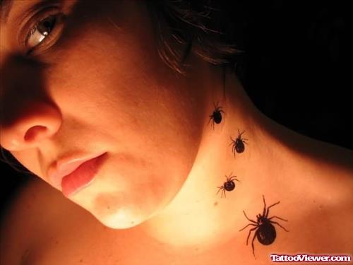 Tiny Spiders Tattoos On Neck