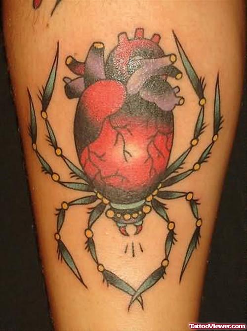 Red Spider And Heart Tattoo