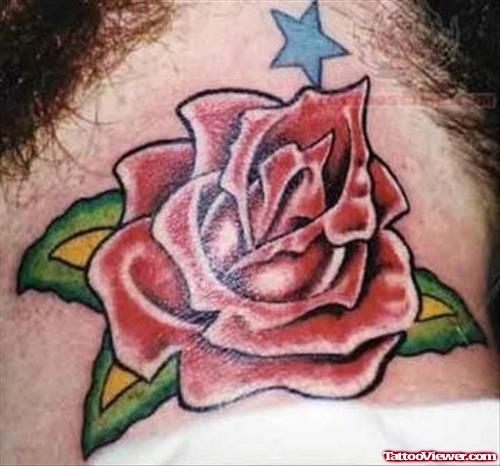 Rose And Stars Tattoo On Neck
