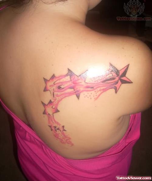 Pink Stars Tattoos On Back Shoulder