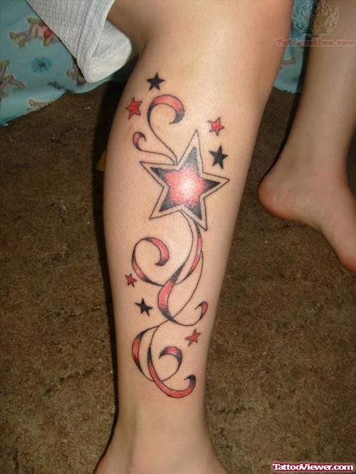 Color Ink Star Tattoo On Leg