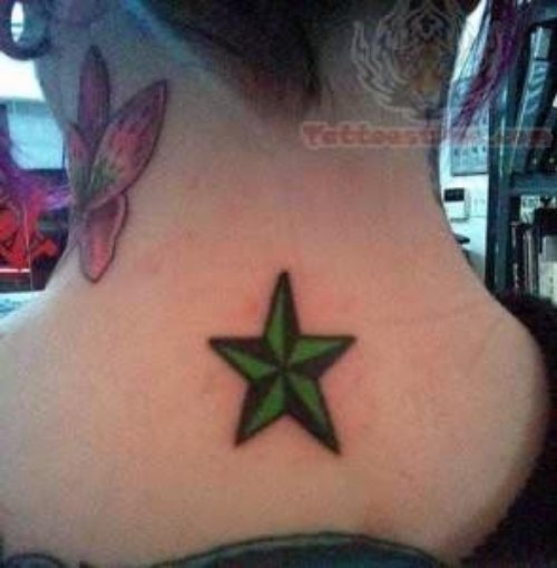 Green Star Tattoo On Back Neck