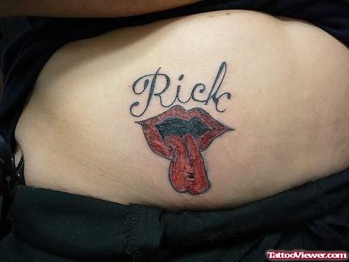 Lips Tongue And Name Tattoo On Stomach