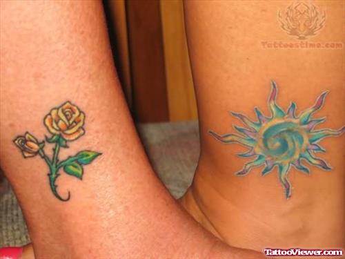 Yellow Rose And Sun Tattoos On Ankle