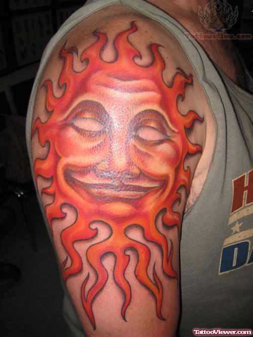 New Hot Sun Tattoo On Shoulder
