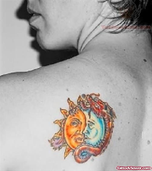 Amazing Sun Tattoo On Back Shoulder