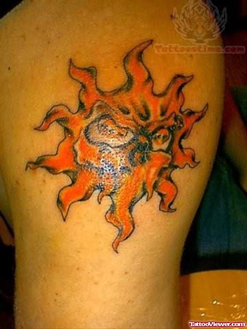 Fire Sun Tattoo On Shoulder
