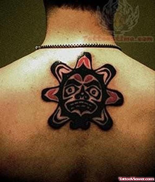 Aztec Sun Tattoo On Upper Back