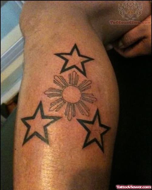 Sun And Stars Tattoos On Leg